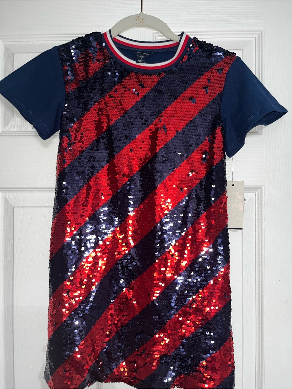 Tommy Hilfiger Flag Blue Reversible Sequin Diagonal Stripe Kids Girls Dress S